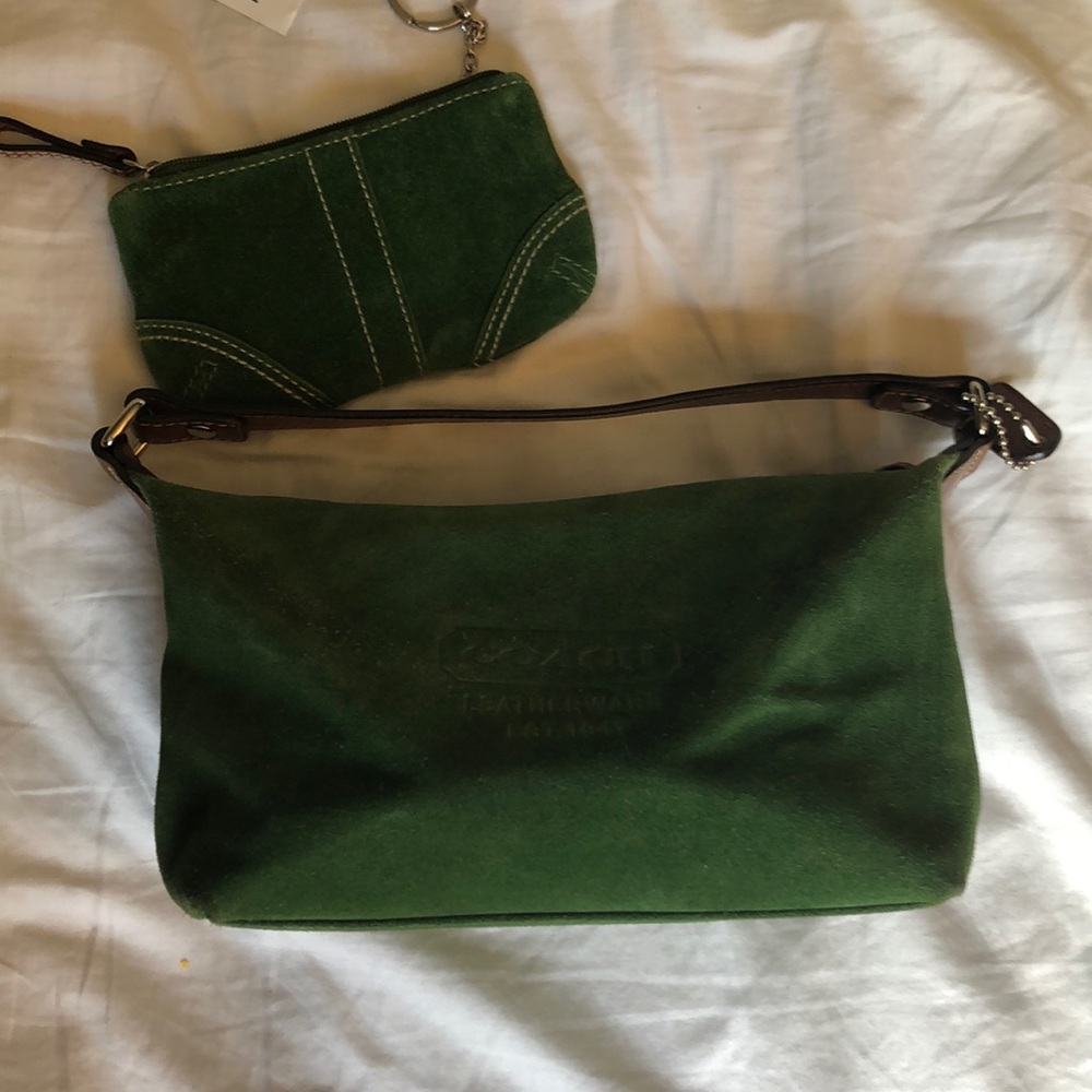 Green suede coach mini bag with change purse